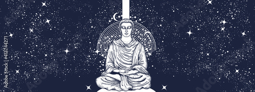 Buddha in lotus pose. Yoga in universe. Meditation banner. Symbol of secret knowledge, harmony of soul and body, wisdom, religion. Black and white surreal graphic