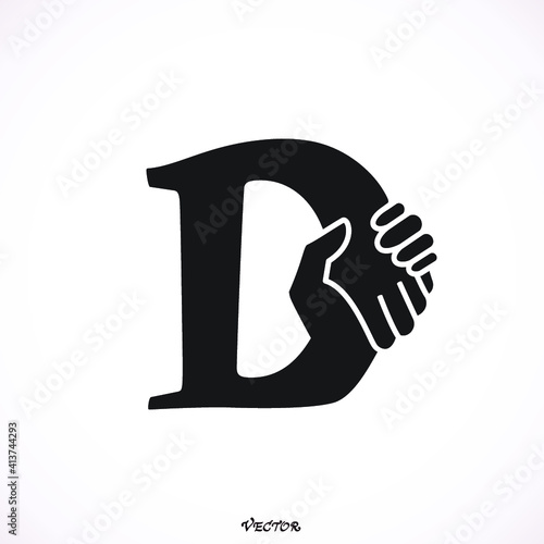 D Letter handshake, Logo Design Vector. Black flat style.  Vector graphic elegant impossible alphabet symbol, identity,  business card .