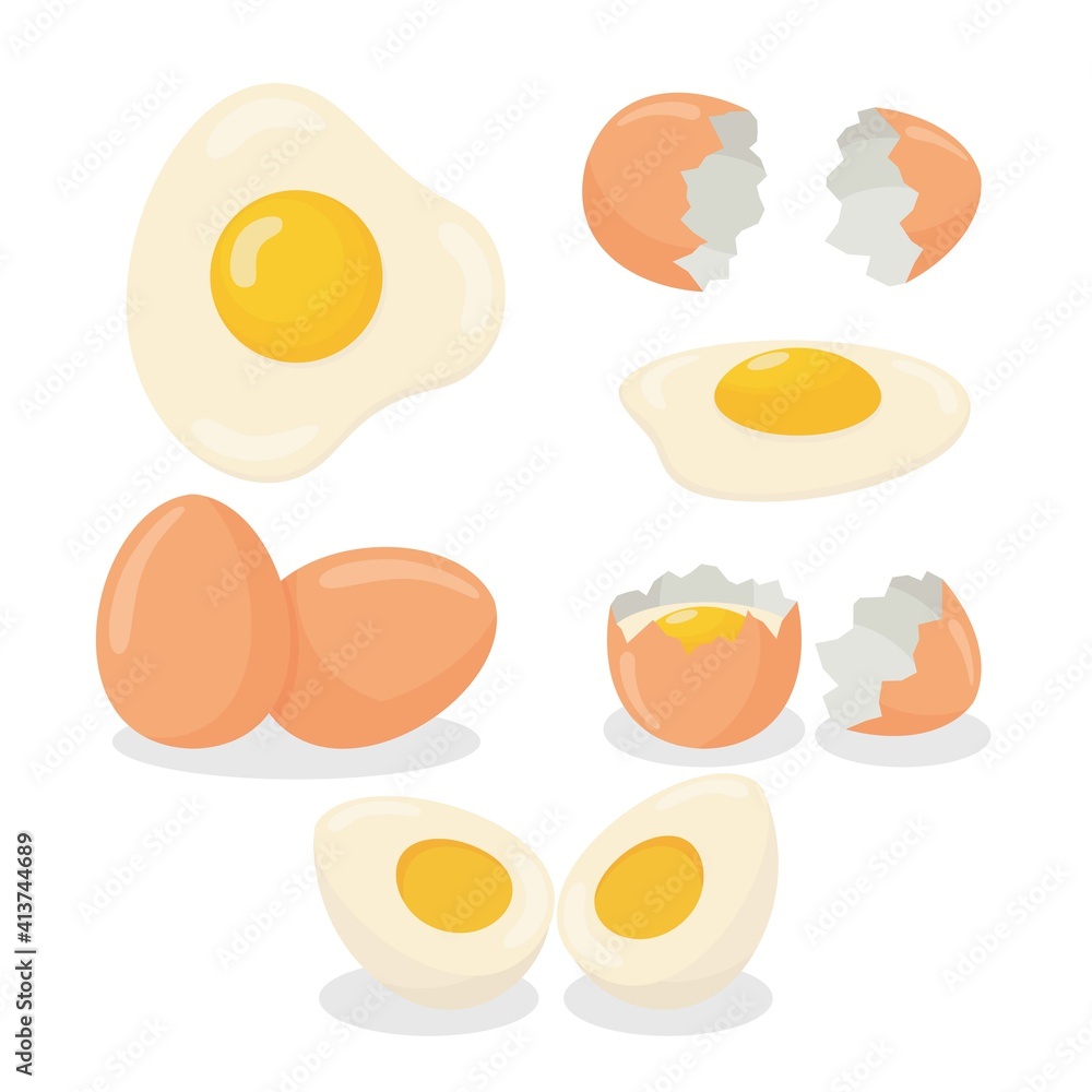 Illustration of raw egg, broken, boiled and fried egg Illustration of raw egg, broken, boiled and fried egg