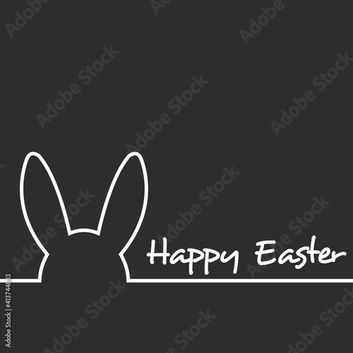Logotipo con texto manuscrito Happy Easter con contorno de orejas de conejito de pascua con lineas en afiche de color gris