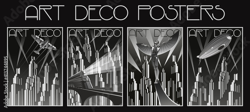 Art Deco Style Poster Set, Transport and Cityscapes Black and White Placards