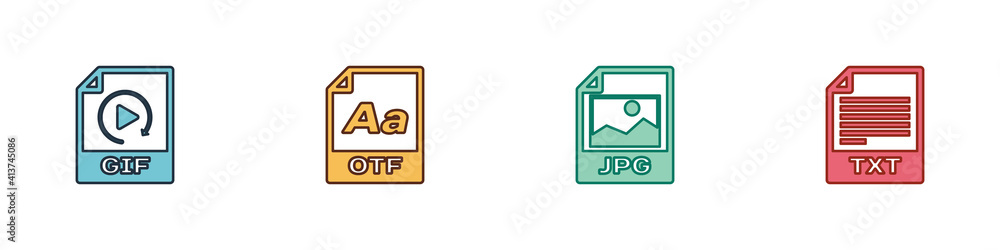 Set GIF file document, OTF, JPG and TXT icon. Vector.