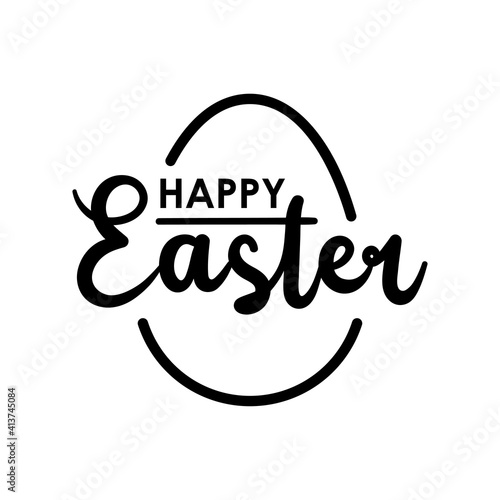Logotipo con texto manuscrito Happy Easter con contorno de huevo de pascua con lineas en color negro