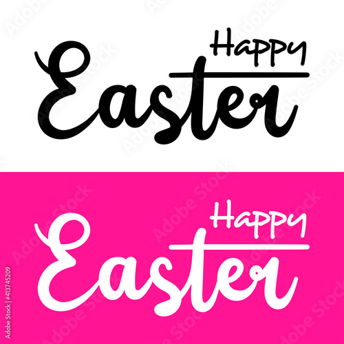 Logotipo con texto manuscrito Happy Easter en fondo rosa y fondo blanco