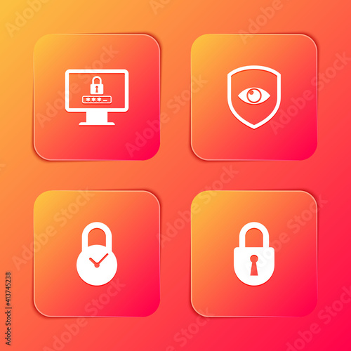 Set Monitor with password, Shield and eye, Padlock clock and Lock icon. Vector.