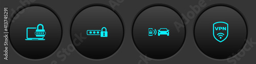 Set Laptop with password, Password protection, Smart car alarm system and Shield VPN wireless icon. Vector.