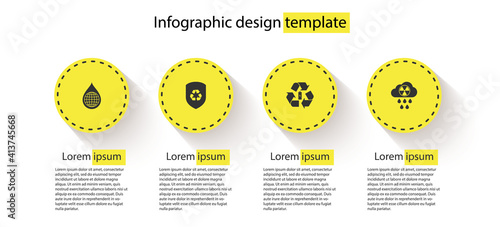 Set Earth planet in water drop, Recycle inside shield, Battery with recycle and Acid rain and radioactive cloud. Business infographic template. Vector.
