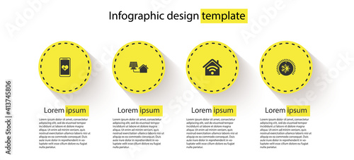 Set Mobile with heart rate, House solar panel, Smart home wi-fi and Thermostat. Business infographic template. Vector.