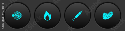 Set Barbecue grill with sausage, Fire flame, Grilled shish kebab and Steak meat icon. Vector.