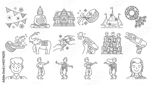 Songkran thailand festival linear icon set. Thai water splashing festive day.