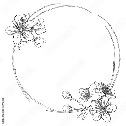 Wreath with flowers. Circle, round composition with sakura, cherry, apple blossoms.