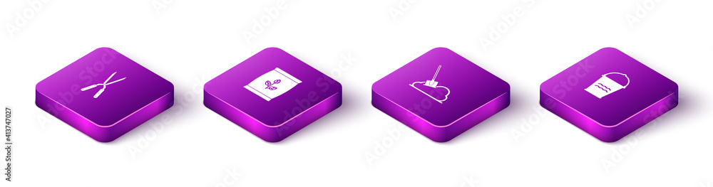 Set Isometric Gardening handmade scissor, Fertilizer bag, Shovel the ground and Bucket icon. Vector. Set Isometric Gardening handmade scissor, Fertilizer bag, Shovel the ground and Bucket icon. Vector.