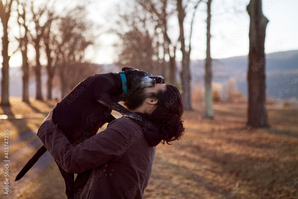 Side view of affectionate man and dog at field during vacation Side view of affectionate man and dog at field during vacation