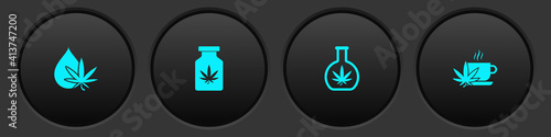 Set Marijuana or cannabis leaf oil, Medical bottle with marijuana, Test tube and Cup tea icon. Vector.