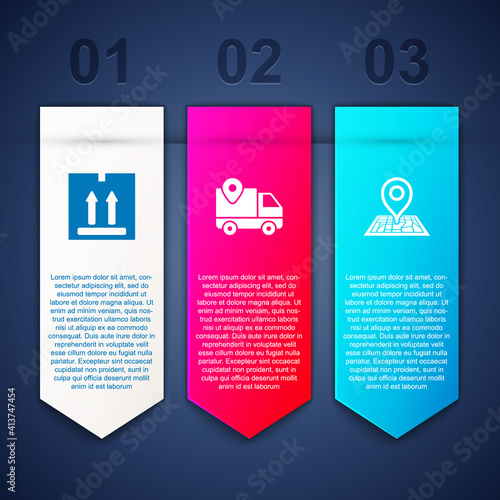 Set Cardboard box with traffic, Delivery tracking and Placeholder on map. Business infographic template. Vector.