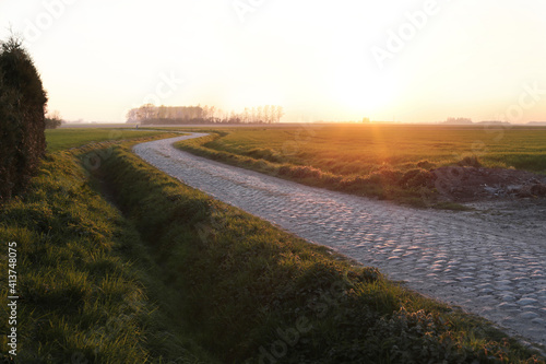 Empty cobbled road amidst field during sunrise photo