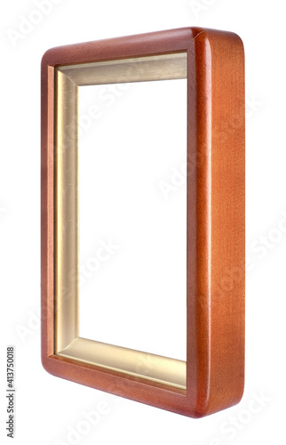 Wooden frame for paintings, mirrors or photo in frontal and perspective view isolated on white background. Design element with clipping path