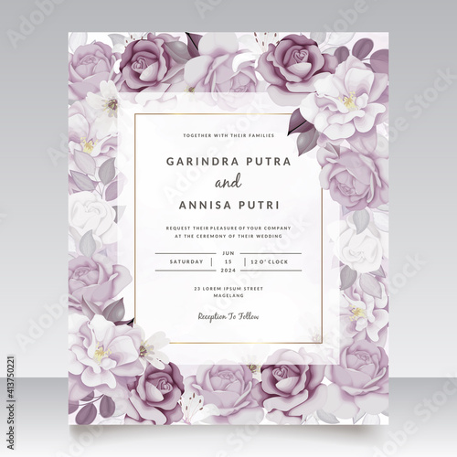  Beautiful purple  floral hand drawn wedding invitation card Premium Vector