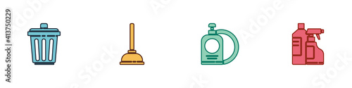 Set Trash can, Rubber plunger, Dishwashing liquid bottle and plate and Bottles for cleaning agent icon. Vector.