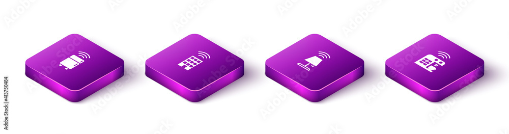 Set Isometric Smart refrigerator, home with wireless, table lamp and coffee machine icon. Vector. Set Isometric Smart refrigerator, home with wireless, table lamp and coffee machine icon. Vector.