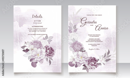  Beautiful purple  floral hand drawn wedding invitation card Premium Vector