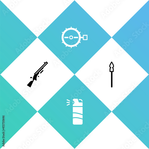 Set Shotgun, Pepper spray, Trap hunting and Medieval spear icon. Vector.