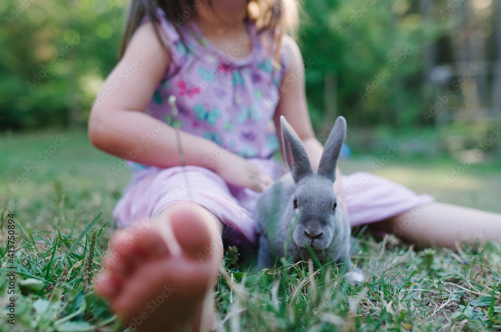 Low section of girl playing with rabbit while sitting on grassy field at park Low section of girl playing with rabbit while sitting on grassy field at park