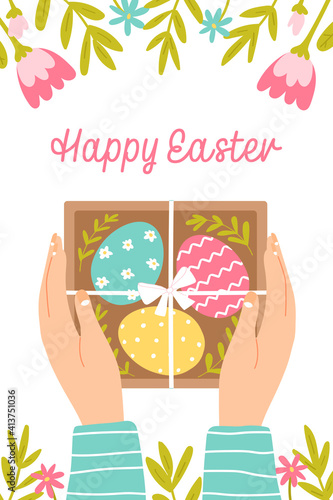Happy Easter greeting card. Beautiful gift for the Easter holiday. Painted eggs in a basket. Vector illustration in flat style.