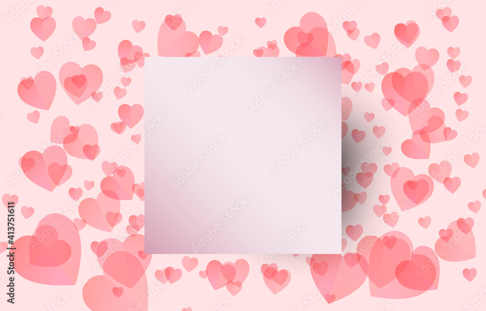 Paper cut elements in shape of  with Square frame with a greeting on red and sweet hearts background. Vector symbols of love for Happy Valentine's Day, greeting card design.