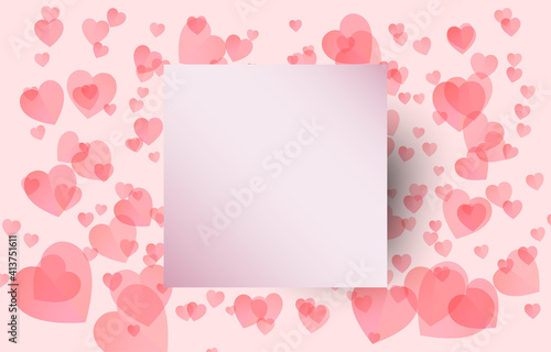Paper cut elements in shape of  with Square frame with a greeting on red and sweet hearts background. Vector symbols of love for Happy Valentine's Day, greeting card design. © sopon