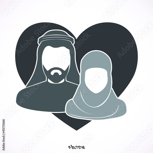 Muslim couple. Wedding icon. Arabic groom and bride. Set of silhouette of men head, face. Couple isolated on white background. Image for invitation card. Husband and wife avatar. Love
