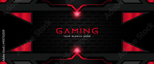 Futuristic red and black abstract gaming banner design template with metal technology concept. Vector illustration for business corporate promotion, game header social media, live streaming background