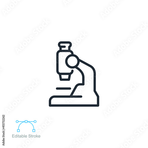 Lens microscope, sample line icon. Laboratory research Magnification Instrument. biology analyzing microbiology experiment symbol. Editable stroke vector illustration design on white background EPS 10