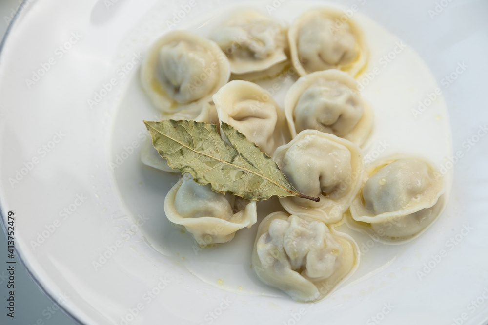 Meat dumplings on a white plate with bay leaf. Restaurant serving dishes, close-up. Meat dumplings on a white plate with bay leaf. Restaurant serving dishes, close-up.