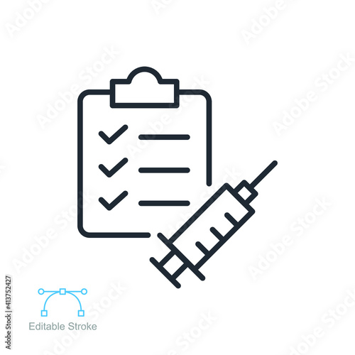 Prevent disease schedule vaccination clipboard checklist line icon. vaccine Medical syringe Vaccination against covid-19 check mark Editable stroke vector illustration design on white background EPS10