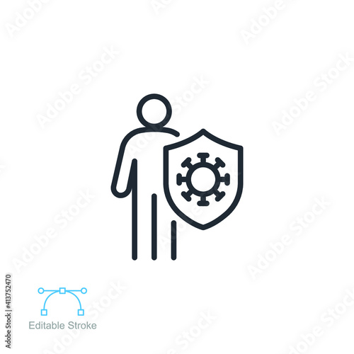 Protection immune response, covid-19, vaccine icon. human is holding shield, bacteria attack. Immune system vaccination antibiotics Editable stroke vector illustration design on white background EPS10
