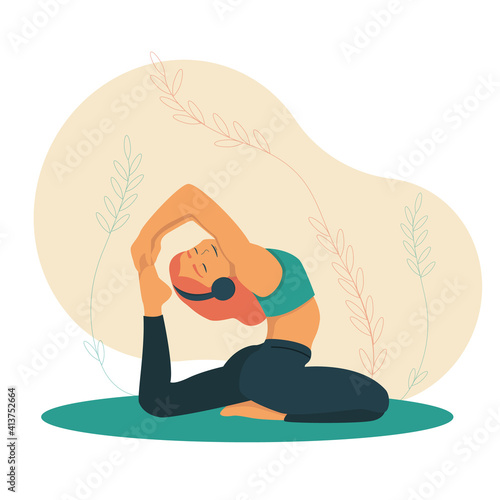 Woman meditating in the Lotus position and saying Om. Girl with the headphones practising the guided meditation. Modern flat illustration on yoga topic. Vector illustration in flat style. Young woman