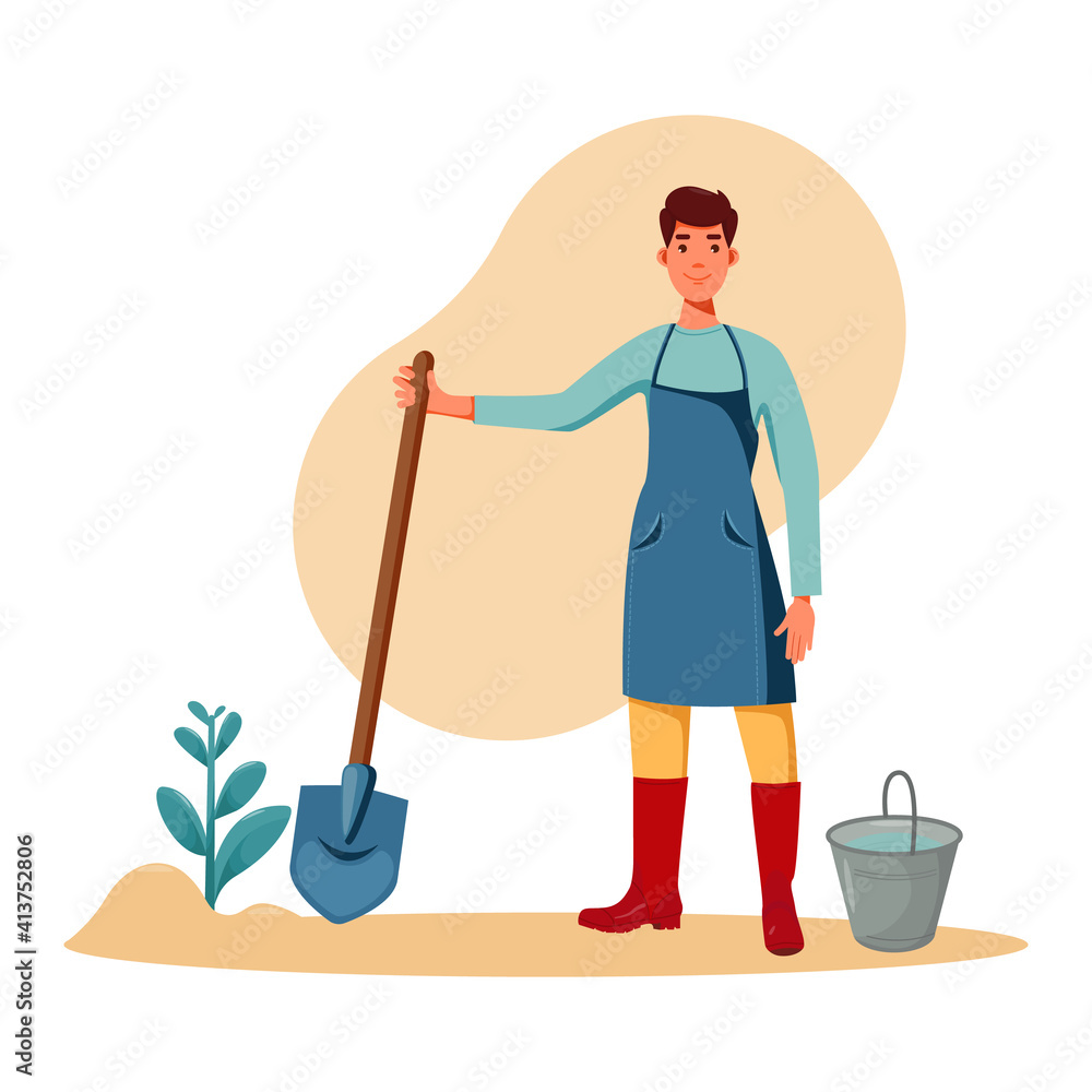 Man With Shovel. Young Farmer Planting A Tree Colorful Simple Design Vector. Spring Gardening. Man planting a tree outdoors. Gardener plant a tree - vector illustration. Man With Shovel. Young Farmer Planting A Tree Colorful Simple Design Vector. Spring Gardening. Man planting a tree outdoors. Gardener plant a tree - vector illustration.