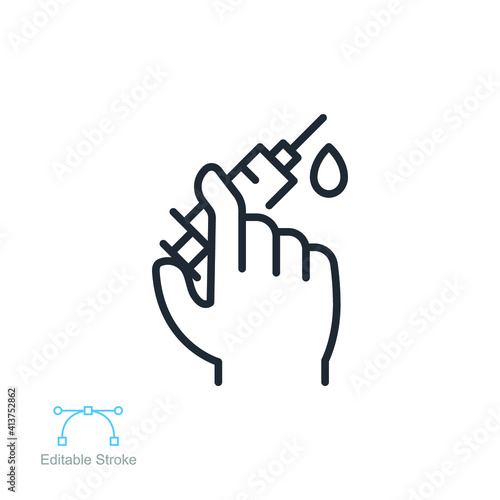 Vaccine, hand, syringe, droplet line icon. Insulin injection, Medical Syringe, Needle and Vial. protection against coronavirus. Editable stroke. vector illustration design on white background. EPS 10