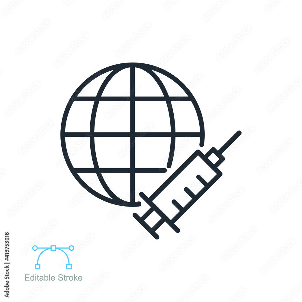 Vaccine protection save World vaccination line icon. Syringe, healing earth and removing Coronavirus, Covid-19, earth Pandemic. Editable stroke vector illustration design on white background EPS 10 Vaccine protection save World vaccination line icon. Syringe, healing earth and removing Coronavirus, Covid-19, earth Pandemic. Editable stroke vector illustration design on white background EPS 10