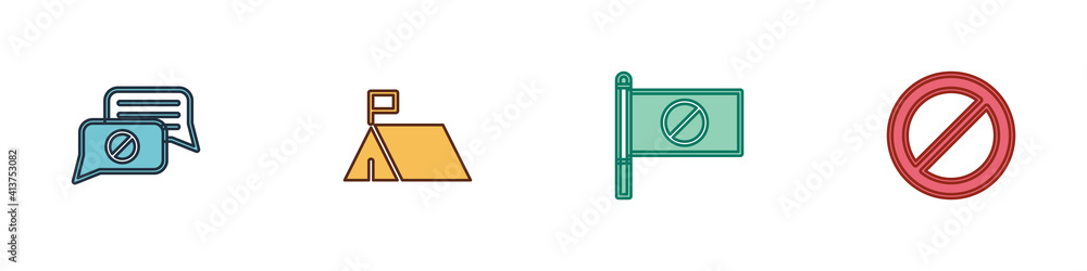 Set Speech bubble chat, Protest camp, and Ban icon. Vector. Set Speech bubble chat, Protest camp, and Ban icon. Vector.