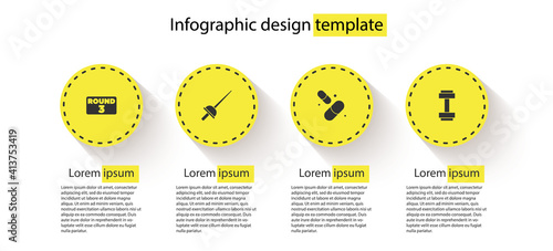 Set Boxing ring board, Fencing, Vitamin pill and Dumbbell. Business infographic template. Vector.