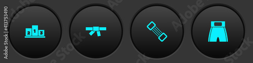 Set Award over sports winner podium, Black karate belt, Chest expander and Boxing short icon. Vector.