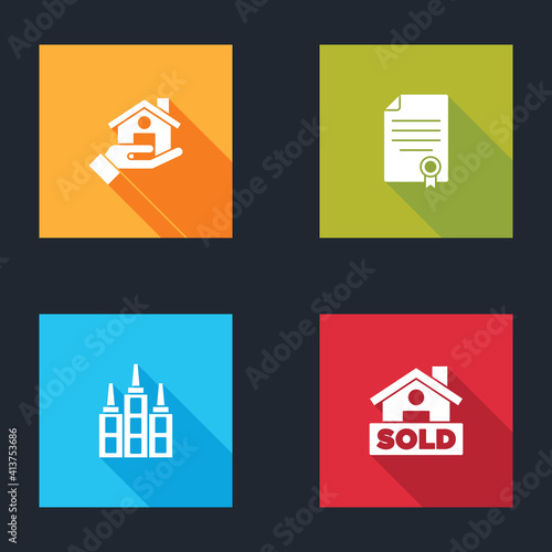 Set Realtor, House contract, Skyscraper and Hanging sign with text Sold icon. Vector.