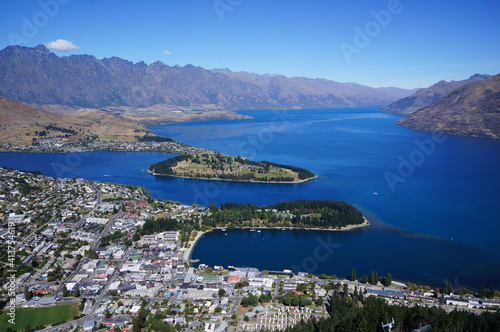 Beautiful view on lake Wakatipu, Remarkables and Queenstown, New Zealand South island