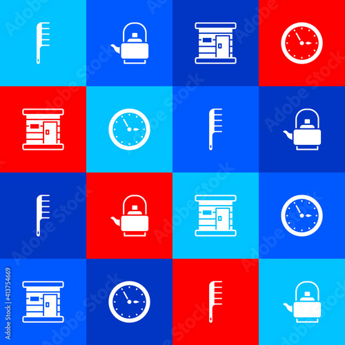 Set Hairbrush, Kettle with handle, Sauna wooden bathhouse and clock icon. Vector.