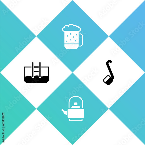 Set Swimming pool with ladder, Kettle handle, Wooden beer mug and Sauna ladle icon. Vector.