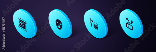 Set Isometric Bar of soap, Wooden axe in stump, Facial cosmetic mask and Sauna wooden bathhouse icon. Vector.