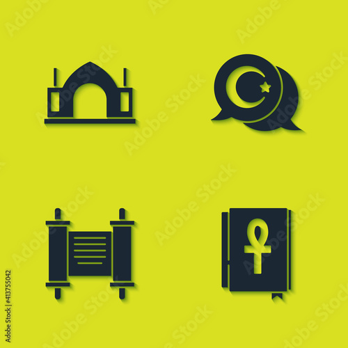Set Hindu spiritual temple, Cross ankh book, Decree, paper, parchment, scroll and Star and crescent icon. Vector.