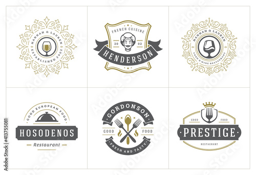 Restaurant logos templates set vector illustration good for menu labels and cafe badges